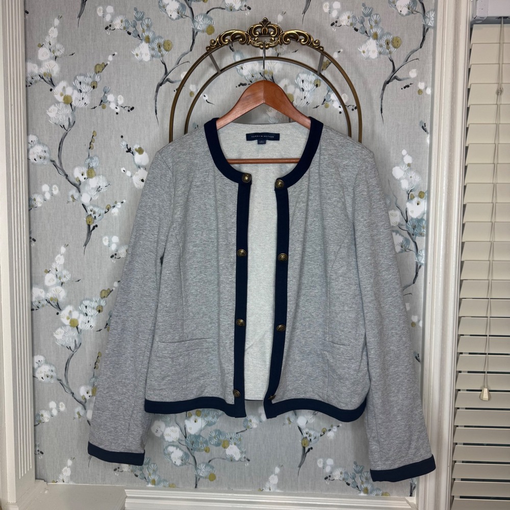 Tommy Hilfiger Womens Gray Navy Trim Gold Button Open Front Cardigan Jacket XL
